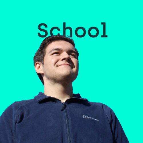 A graphic showing the word "school" and a Zero Gravity member's face